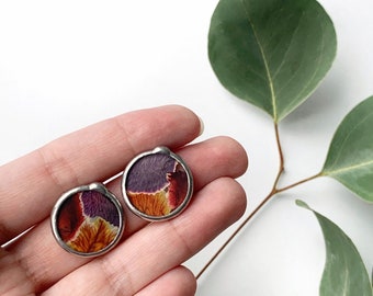 Ukrainian handmade Unique small earrings Stained Glass Terrarium jewelry Flora Herbarium of carnation Pressed dried flowers Unique gift mum