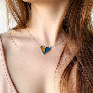Little Ukrainian Flag Stained glass small necklaces with Ukrainian Flag in heart Little Yellow and blue flag Ukrainian handmade Jewelry Gift