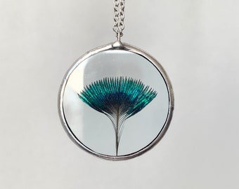 Turquoise peacock feather necklace handmade stained glass jewelry Terrarium nature statement jewelry Peafowl Little cute unique gift for her