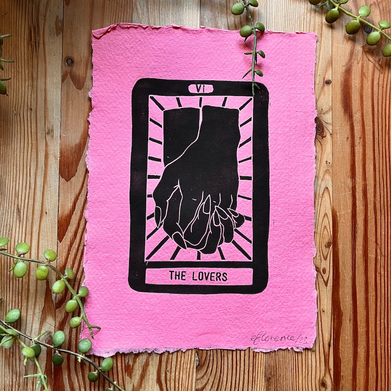 The Lovers Tarot Pink // Witchy Art Prints // Handprinted Designs // Gift Idea // Eco-Friendly Handmade Paper image 2