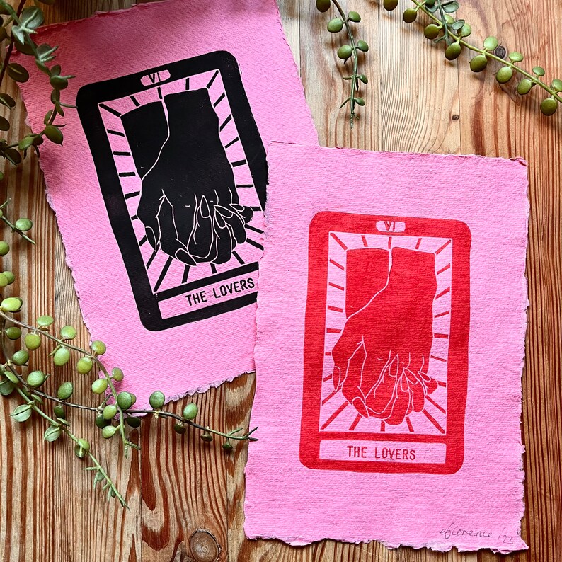 The Lovers Tarot Pink // Witchy Art Prints // Handprinted Designs // Gift Idea // Eco-Friendly Handmade Paper image 1