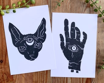 Gothic Collection // Witchy Themed Designs on Recycled Paper // Sphynx Cat // Handprinted Designs // Digitally Printed Onto Recycled Card