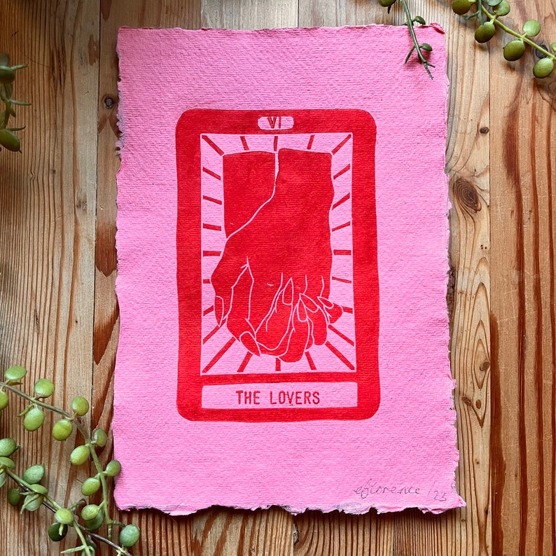 The Lovers Tarot Pink // Witchy Art Prints // Handprinted Designs // Gift Idea // Eco-Friendly Handmade Paper image 3