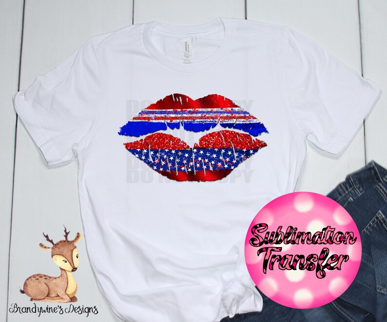 Patriotic Sublimation Transfer Red Lips Ready to Press White Blue