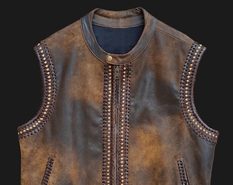 Distressed finish 100% genuine Leather vest for bikers. customizable. hand braided vest