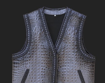Colete de couro cinza Gator com relevo para motociclistas. 100% artesanal. Trançado à mão. Cores disponíveis.
