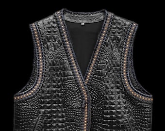 Gator embossed leather vest for bikers. 100% handcrafted vest. Hand braided. Colors available.