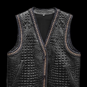 Gator embossed leather vest for bikers. 100% handcrafted vest. Hand braided. Colors available.