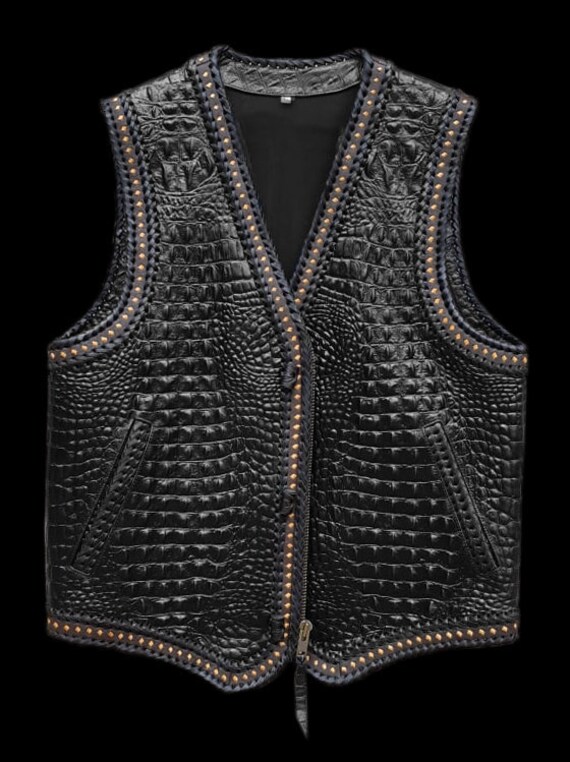 Leather Embossed Vest Jacket, Black, 40