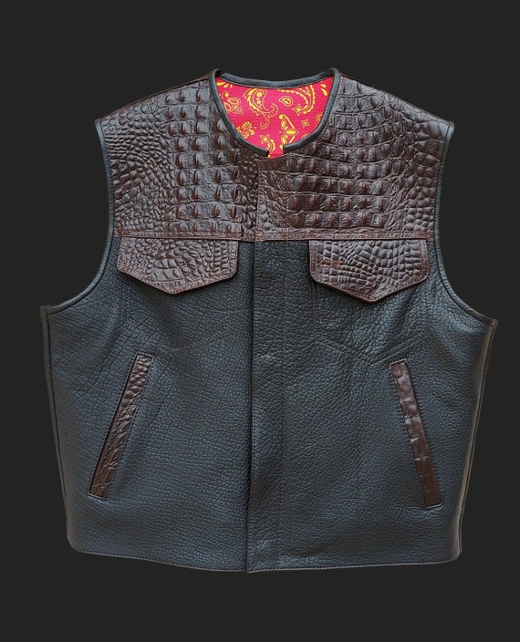 Gator Embossed and Black Leather Vest for Bikers With Side - Etsy