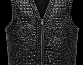 Blackout Gator embossed leather vest for bikers. 100% handcrafted vest. Hand braided. Colors available.
