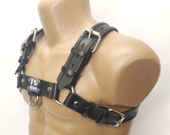 Black belt leather chest harness by FSman, male bulldog harness, gay man outfit, kinky gear,
