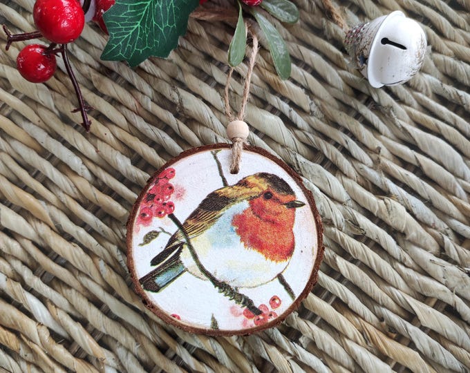 Robin Decoupaged Robin Decoration \ Decoupage Wood Slice \ Hanging Decorations ...