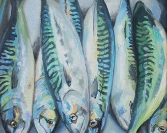 Mackerel, fish, food, kitchen, oil painting