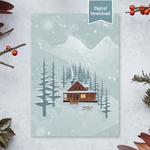 Tarjeta digital imprimible instantánea con diseño de cabaña acogedora, para Navidad, cumpleaños, aniversario, agradecimiento, PDF y JPG.