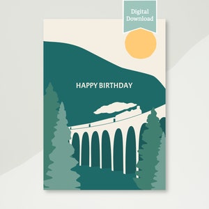 Tarjeta imprimible digital de feliz cumpleaños con tren de vapor, descarga instantánea / Tarjeta electrónica de viaje en tren, montaña, viaducto, aventura, PDF y JPG