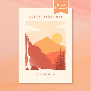 Wilderness Happy Birthday Digital Instant Download Printable Card | Mountain Hiking Travel Adventure Ecard | PDF JPG | Waterfall Lake Forest