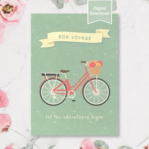 Bon Voyage Vintage digitale Sofort Download druckbare Karte | Happy Abschied Reise Abenteuer Auswanderung Ecard | PDF JPG-Datei | Fahrrad-Blumen
