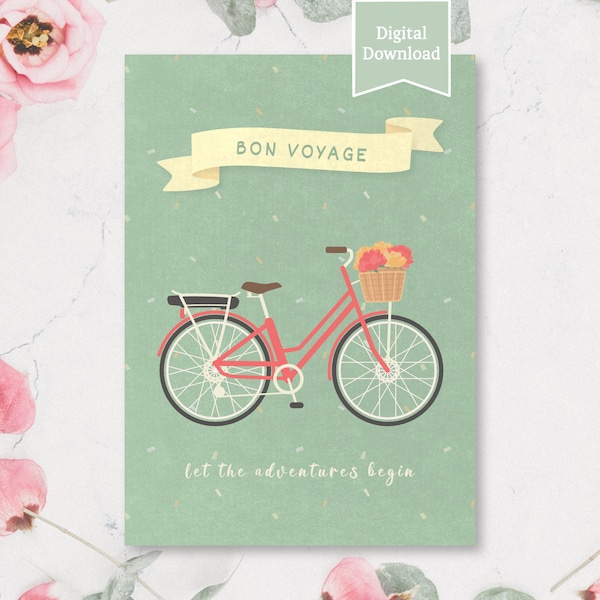 Bon Voyage Vintage Digital Instant Download Printable Card | Happy Farewell Travel Adventure Emigration Ecard | PDF JPG File | Bike Flowers