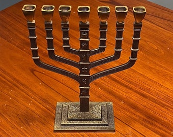 Vintage Brass 7 Branch Menorah with 12 Signs of Israel's Tribes - Majestic Centerpiece