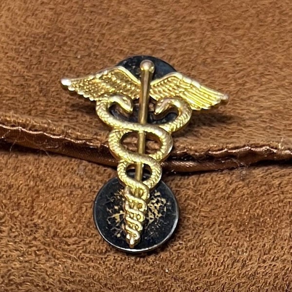 Rare WWII Med Corps Insignia Lapel Pin - 1/20 10K Gold Filled Caduceus, Stamped '10K', with Original Clutches and 'LGB' Initials