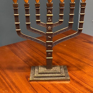 Vintage Brass 7 Branch Menorah with 12 Signs of Israel&#39;s Tribes - Majestic Centerpiece
