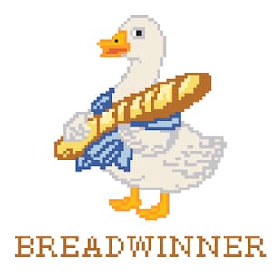 Op de afbeelding: Een pixel art illustratie van een witte gans met een oranje snavel en poten, die een blauwe halsdoek draagt en een goudbruin stokbrood onder de vleugel houdt. Onder de gans staat het woord BREADWINNER in bruine pixelletters.