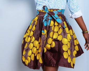 Falda con estampado de cera hecha a mano: falda de algodón Ankara marrón, amarillo y azul