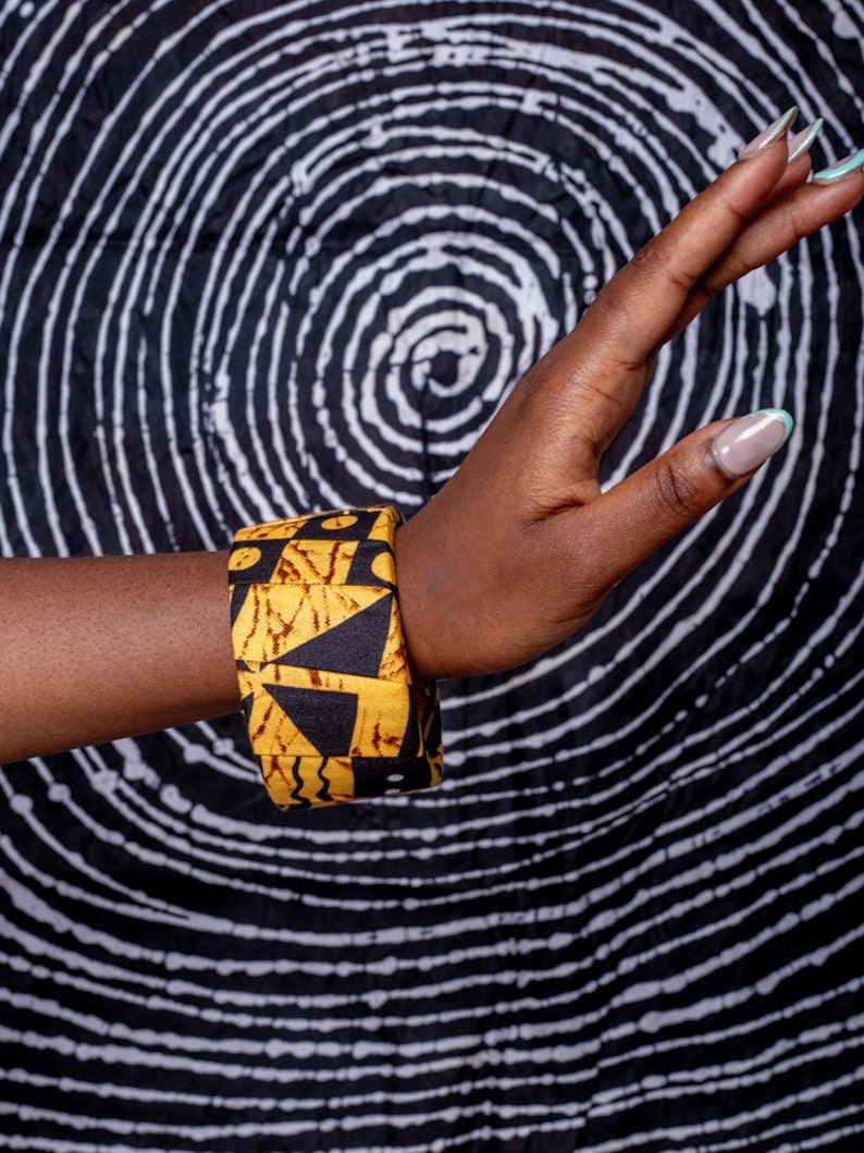 African prints bangles Fabric bangles for women Gift for her Statement Accessories colourful bracelet handmade African bangle 1 Yellow-Black print