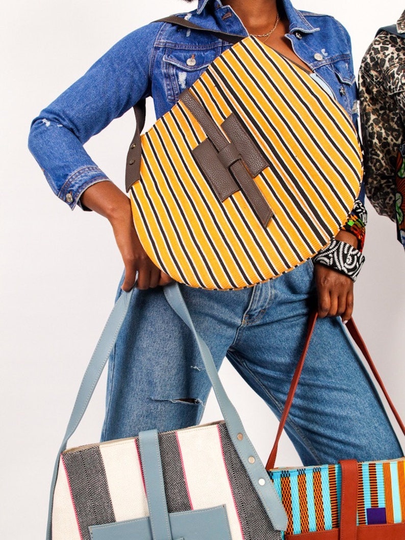 Akoa handcrafted African prints bag Statement wax print bag Stylish work bag Oval shaped handbag Sturdy shoulder bag for women image 5