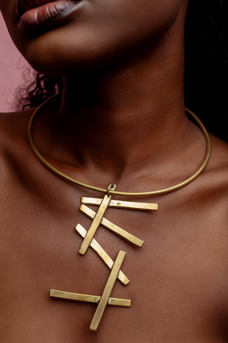 African Brass Choker: Recycled Brass & Orange Glass Necklace