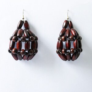 African earrings, Dangling earrings,beaded wood earrings, ethically made earrings, recycled accessories Curved - Brown beads