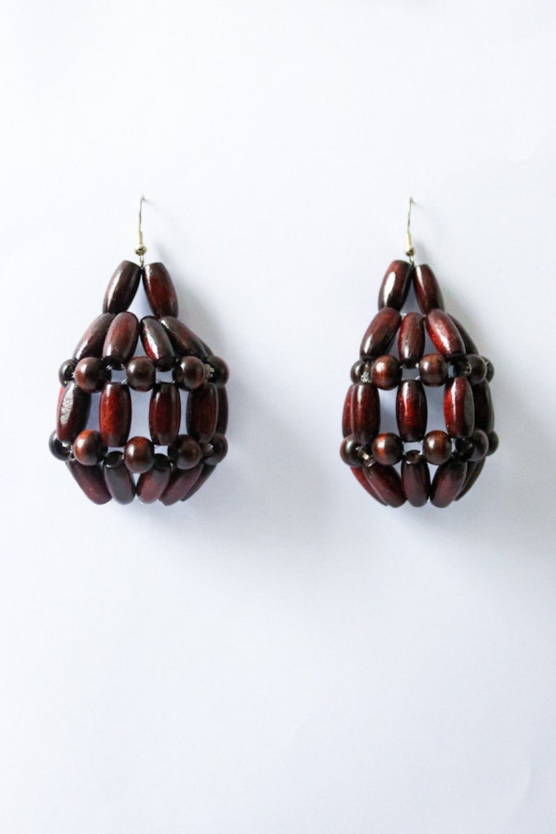 African earrings, Dangling earrings,beaded wood earrings, ethically made earrings, recycled accessories Curved - Brown beads