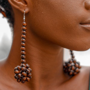 African earrings, Dangling earrings,beaded wood earrings, ethically made earrings, recycled accessories Drop ball - brown