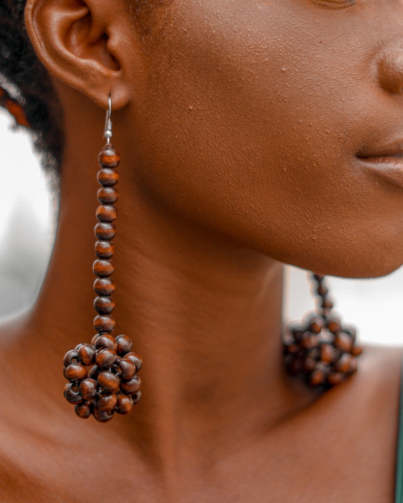 African earrings, Dangling earrings,beaded wood earrings, ethically made earrings, recycled accessories Drop ball - brown