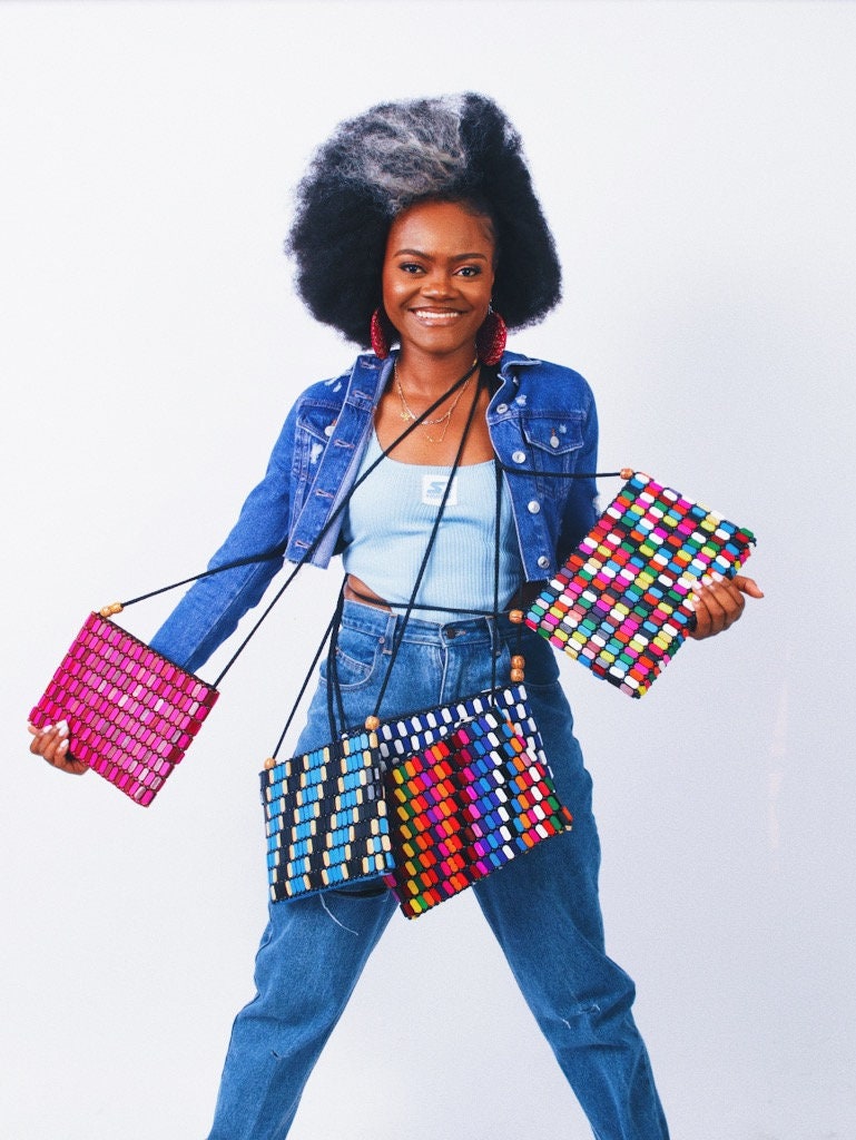 Handmade Multicoloured Beaded Bag Handmade Wooden Bead Purse African Inspired Crossbody Statement Festival Bag Artisan Small Handbag