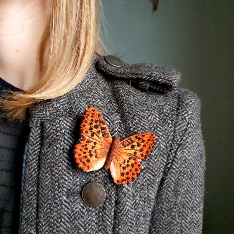 Bright Silver-washed Fritillary butterfly brooch is made in needlefelting technique Realistic natural colors of wings.