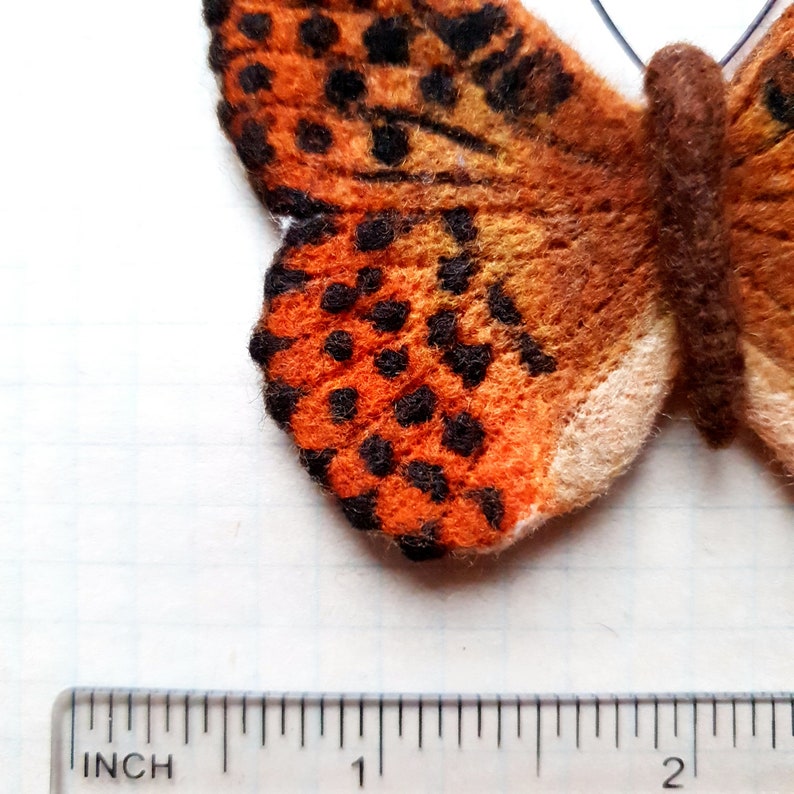 Bright Silver-washed Fritillary butterfly brooch is made in needlefelting technique Realistic natural colors of wings.