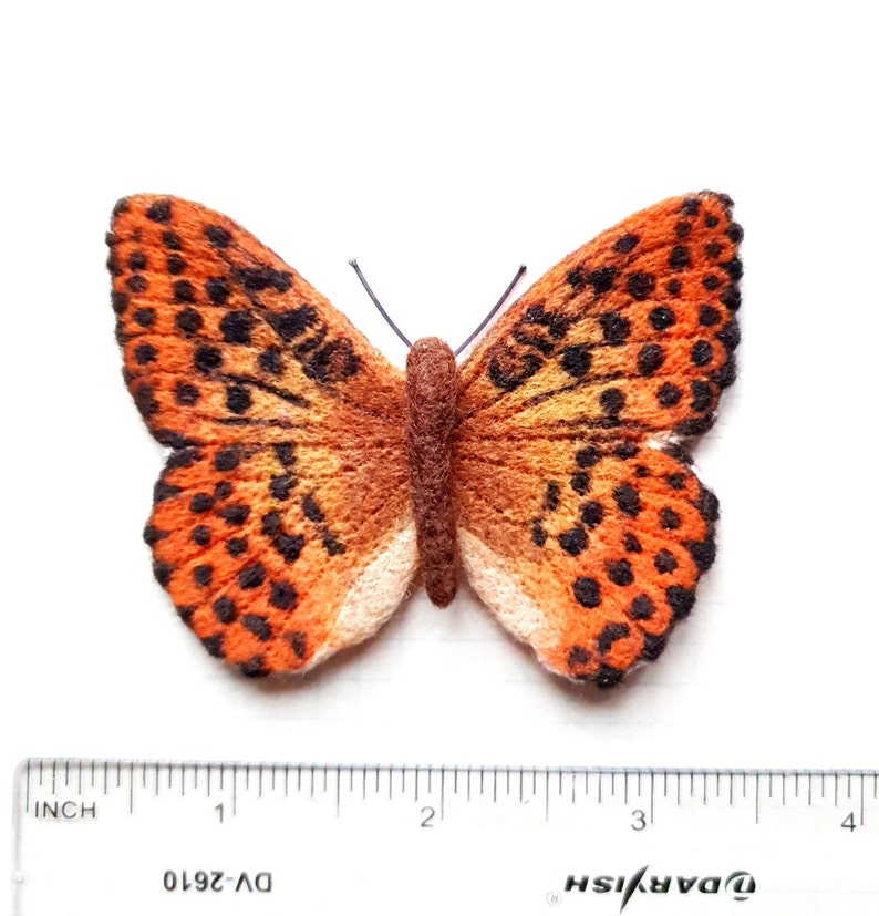 Bright Silver-washed Fritillary butterfly brooch is made in needlefelting technique Realistic natural colors of wings.