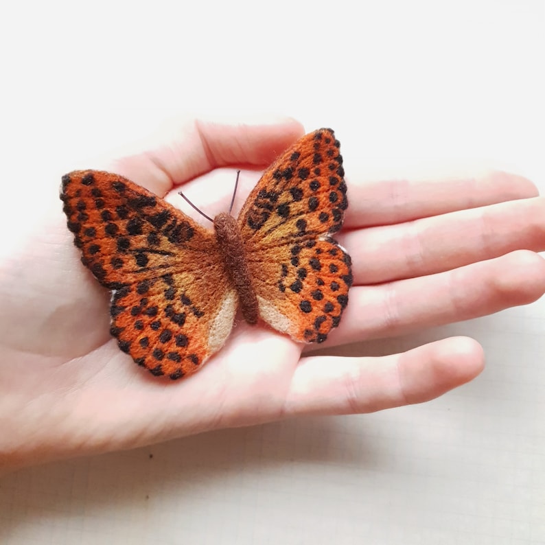 Bright Silver-washed Fritillary butterfly brooch is made in needlefelting technique Realistic natural colors of wings.