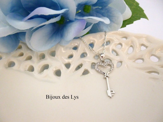 Collier cadenas coeur et clé en argent sterling pour femme, pendentif zircone cubique - France