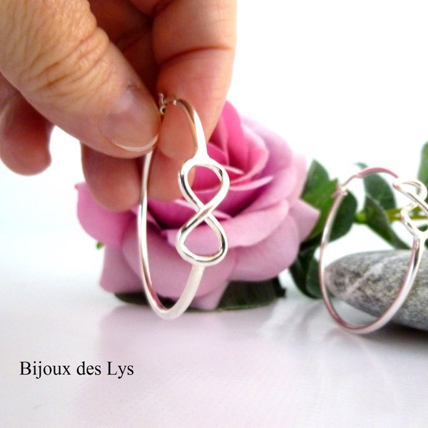 Boucles d’oreilles Créoles INFINI ARGENT 925, symbole Infini, Créoles 43 mm de diamètre, Hoop earrings 925 Silver Sterling