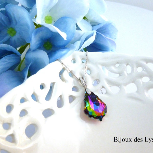 Collier Baroque Cristal de SWAROVSKI® Vitrail Medium et ARGENT 925, Pendentif Goutte Swarovski Baroque, Bélière ornée de Zirconiums