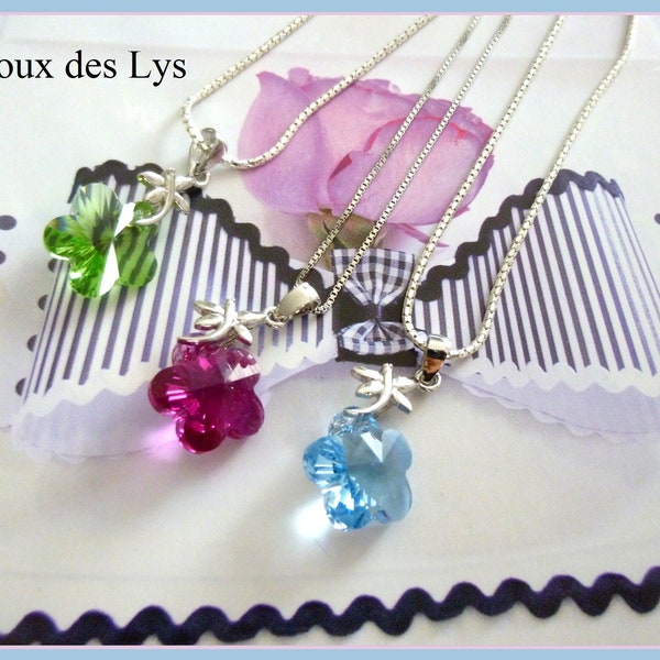 Collier Fleur Cristal de SWAROVSKI et ARGENT 925, Pendentif Fleur et Libellule, Collier nature, bijou empilable