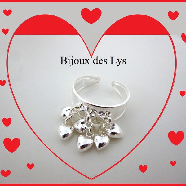 Bague pampilles CŒURS en ARGENT MASSIF 925 – Bague réglable – Bijou d’Amour