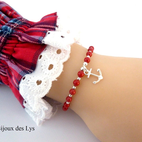 Bracelet ARGENT 925 Breloque Ancre et Perles nacrées SWAROVSKI® – Bijou Argent massif empilable – Bracelet minimaliste