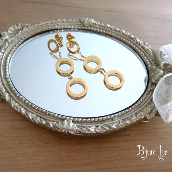 Boucles d’oreilles Cascade de trois cercles en Plaqué OR 750/000, clous d’oreilles avec pendants