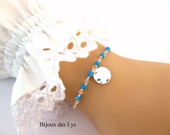 Bracelet ARGENT 925 Médaille martelée et Perles en verre - Argent massif - Taille réglable - bracelet minimaliste empilable