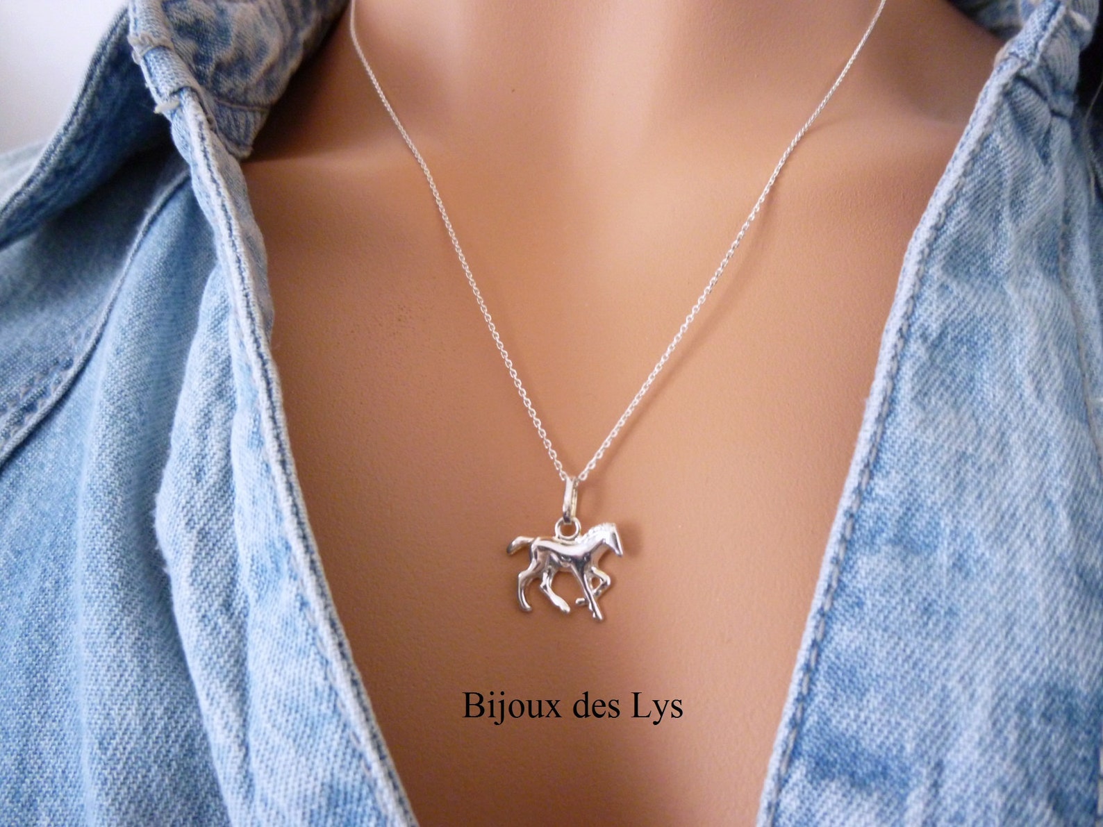Collier ARGENT 925 Pendentif CHEVAL Bijou équestre Argent massif Collier pendentif équitation