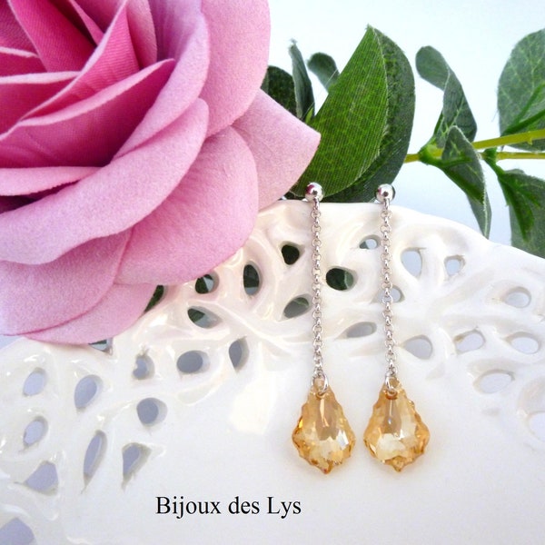 Longues Boucles d’oreilles Baroques Cristal de SWAROVSKI® et ARGENT 925, Gouttes baroques Swarovski Golden Shadow